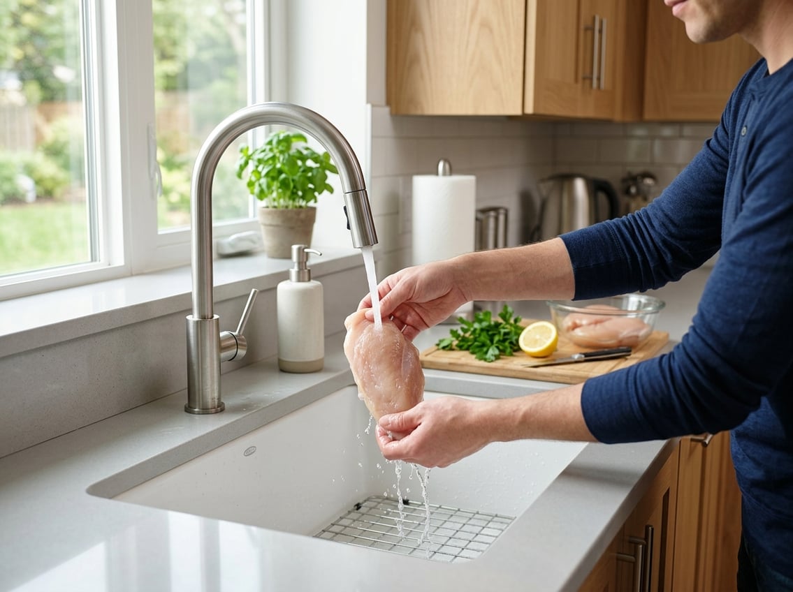 Person washing raw chicken breasts under a kitchen faucet in a clean, bright kitchen.