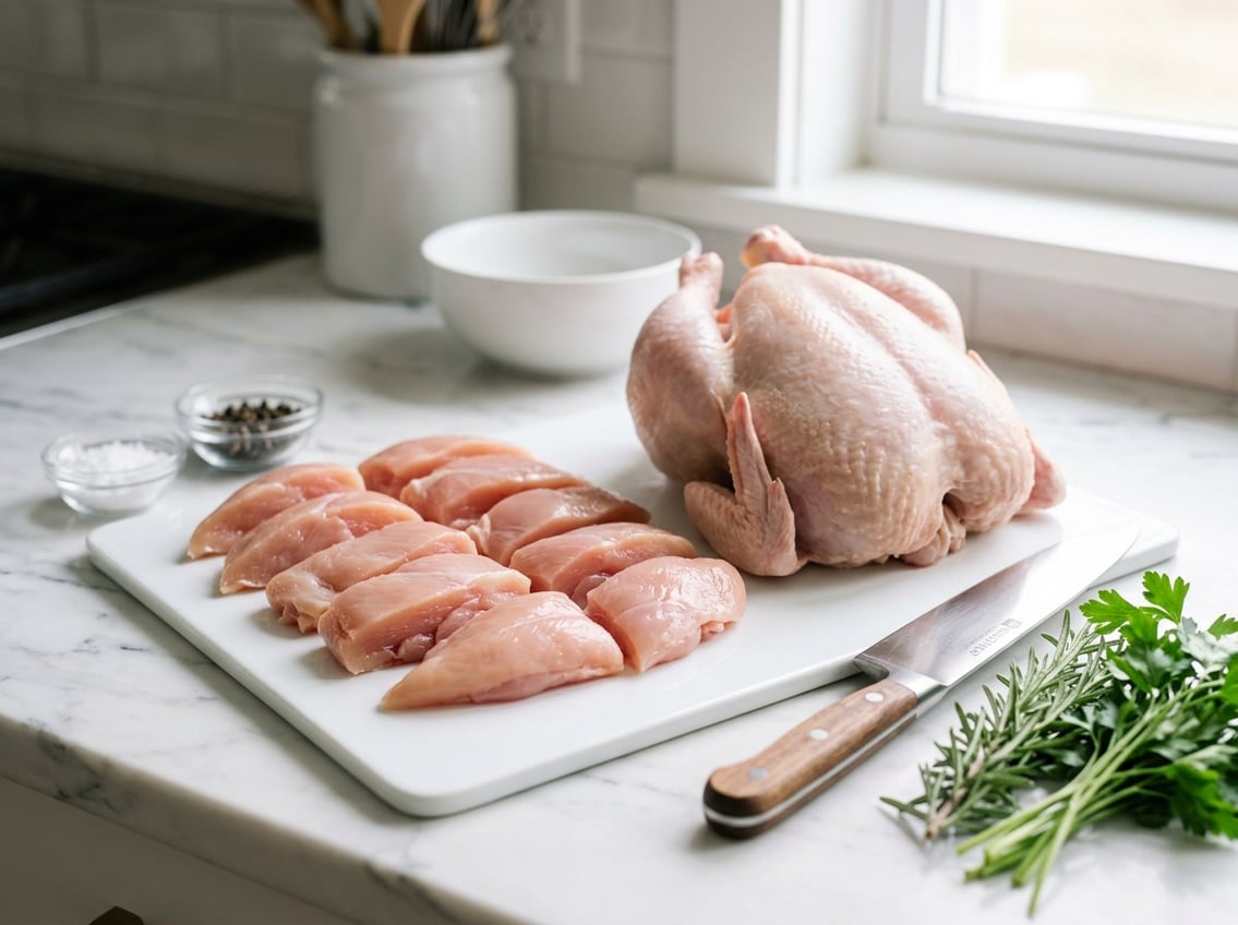 Close-up of raw chicken breast pieces on a cutting board next to a whole raw chicken showing the chest area, with fresh herbs and a chef's knife on a kitchen countertop.