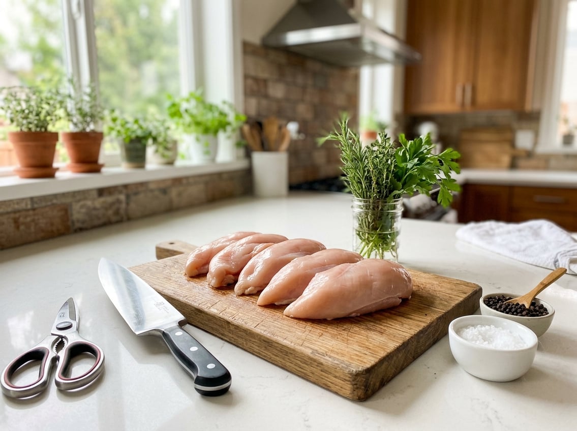 Raw chicken breasts on a wooden cutting board with kitchen knives and fresh herbs on a kitchen countertop.