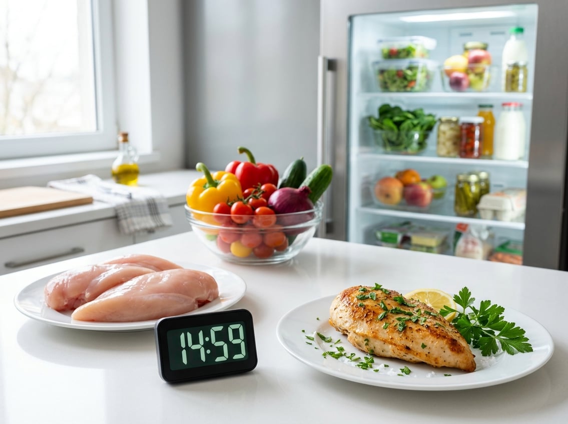 Raw and cooked chicken breasts on plates with a kitchen timer on a countertop in a clean kitchen setting.