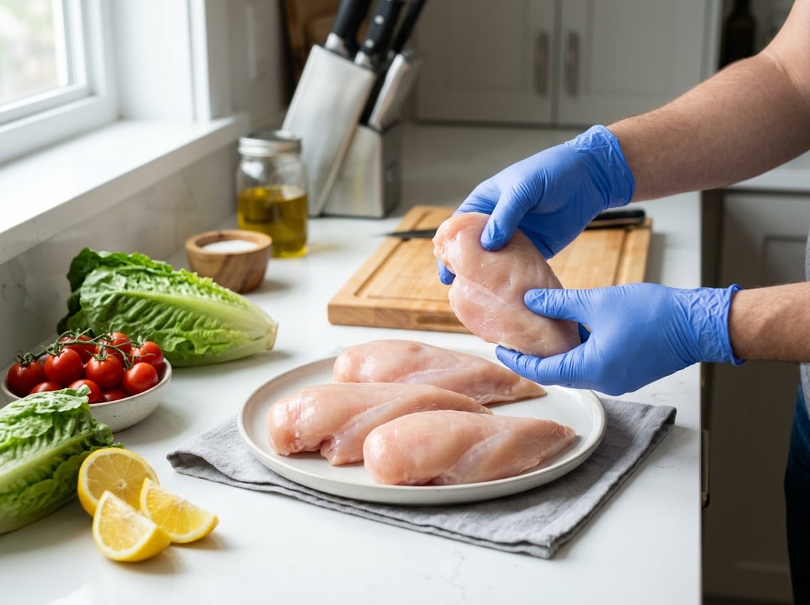 Hands inspecting raw chicken breasts on a plate with fresh vegetables on a kitchen countertop.