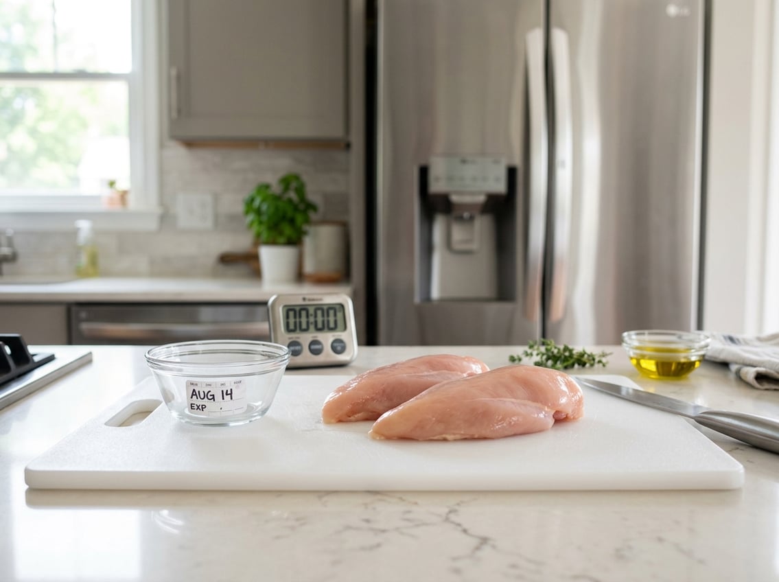 Raw chicken breasts on a cutting board with a kitchen timer and a refrigerator in the background.