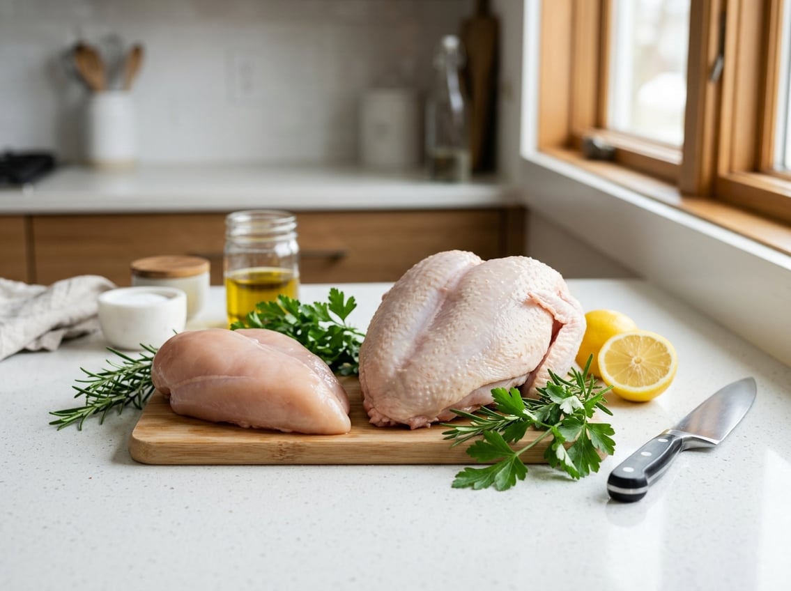 Two different raw chicken pieces placed side by side on a kitchen countertop with fresh herbs and a knife nearby.