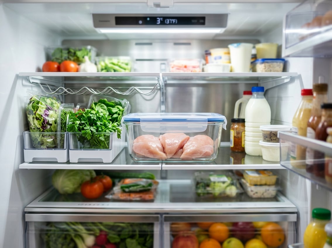 Raw chicken breasts stored in a clear airtight container inside a refrigerator on a kitchen countertop.