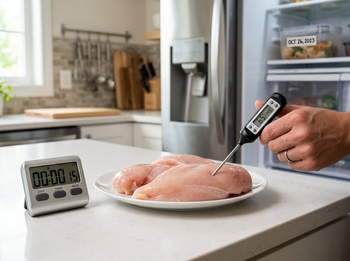 A kitchen countertop with raw chicken breasts on a plate, a hand holding a food thermometer, a digital timer, and a refrigerator with a dated food container in the background.