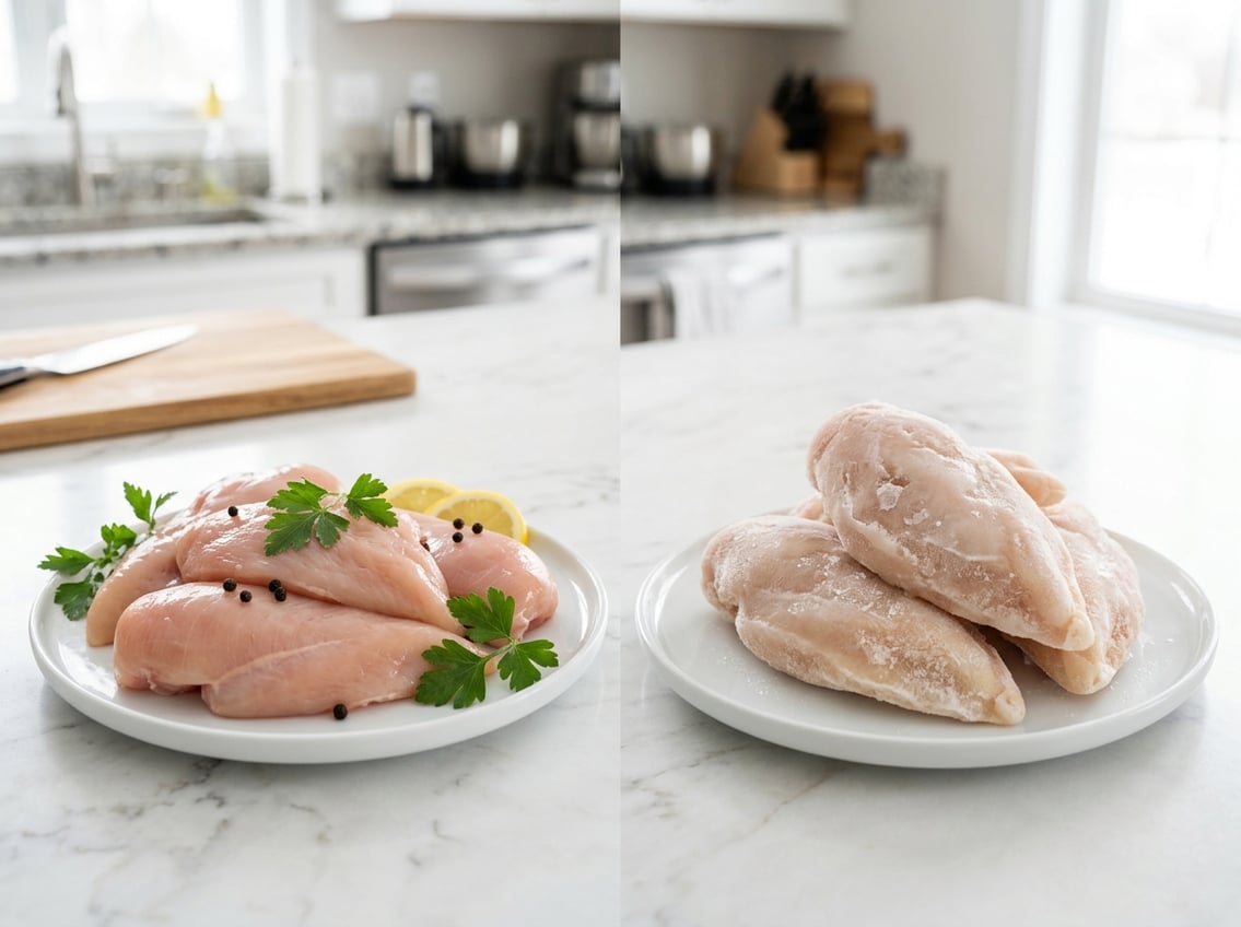 Side-by-side view of fresh raw chicken breasts on a plate with garnishes and frozen chicken breasts with frost on another plate on a kitchen counter.