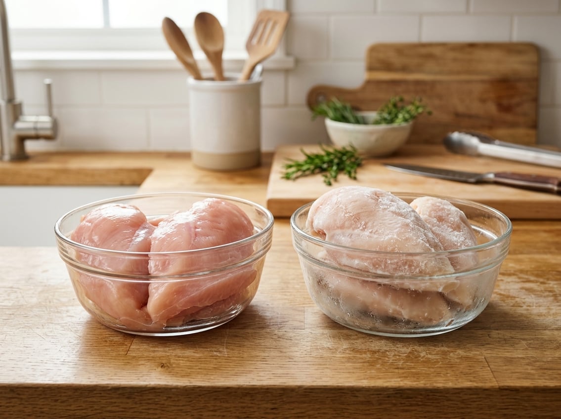Two clear containers on a kitchen countertop, one with fresh raw chicken breasts and the other with frozen chicken breasts covered in frost.