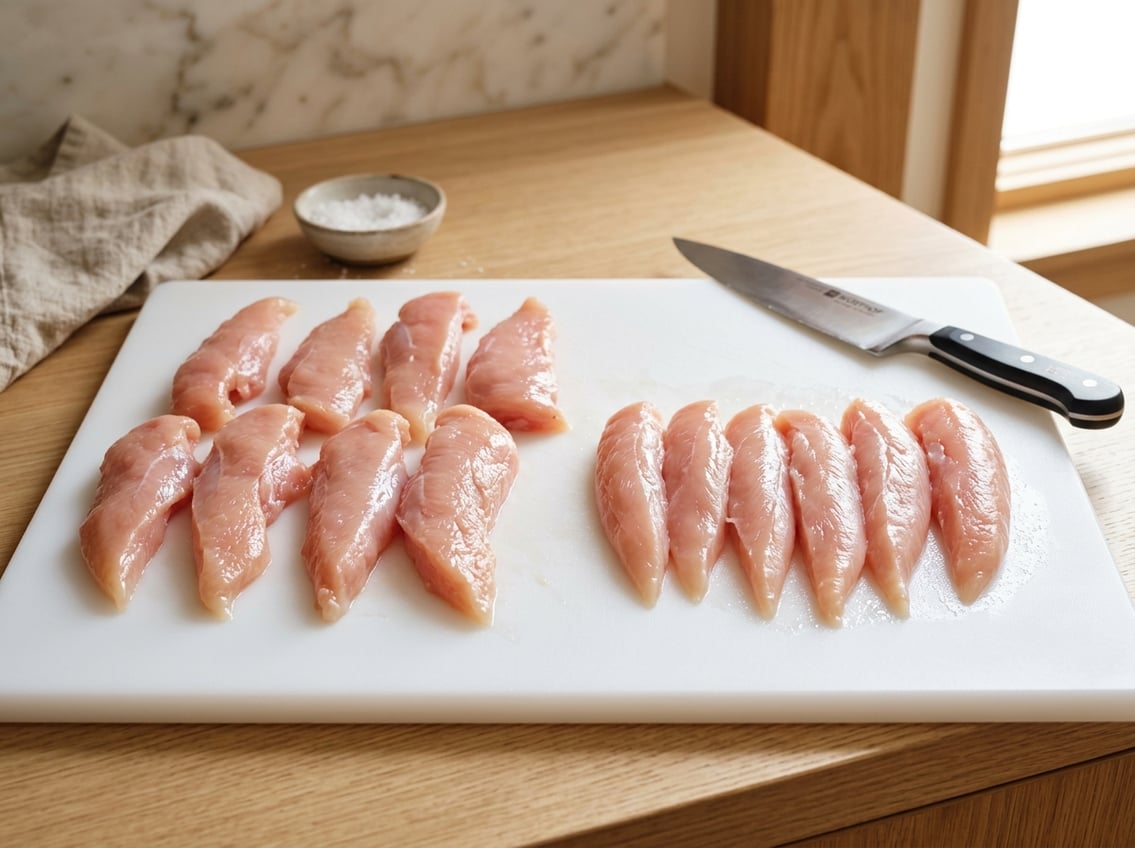 Raw chicken breast tenders and tenderloins arranged on a white cutting board in a kitchen setting.