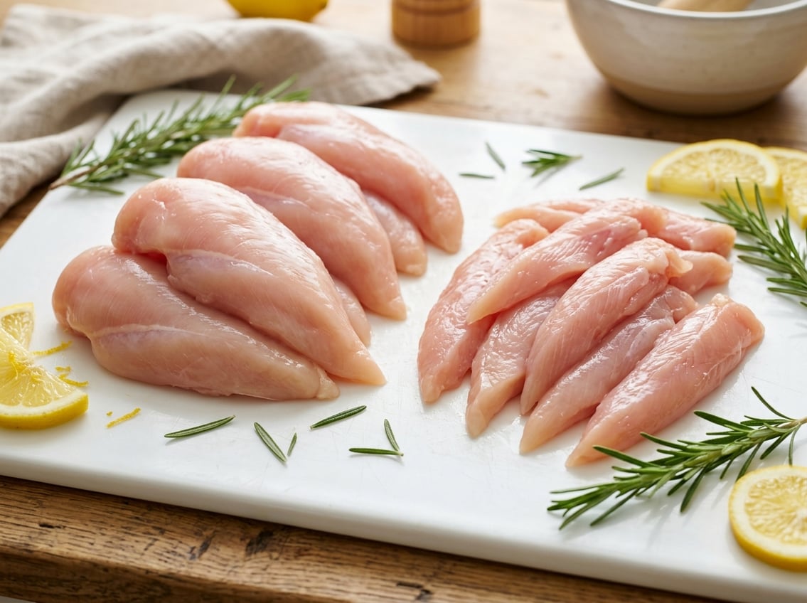 Close-up of raw chicken breast tenders and tenderloins side by side on a cutting board with rosemary and lemon slices.