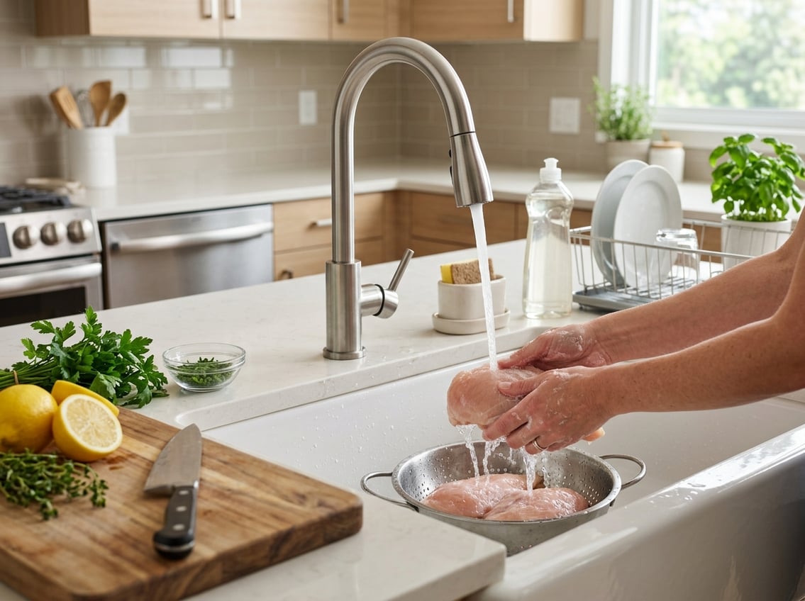 Hands washing raw chicken breasts under running water in a kitchen sink with fresh vegetables nearby.