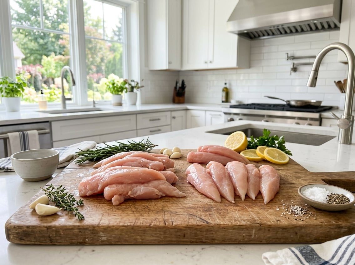 Raw chicken breast tenders and tenderloins on a wooden cutting board surrounded by fresh herbs and lemon slices in a bright kitchen.