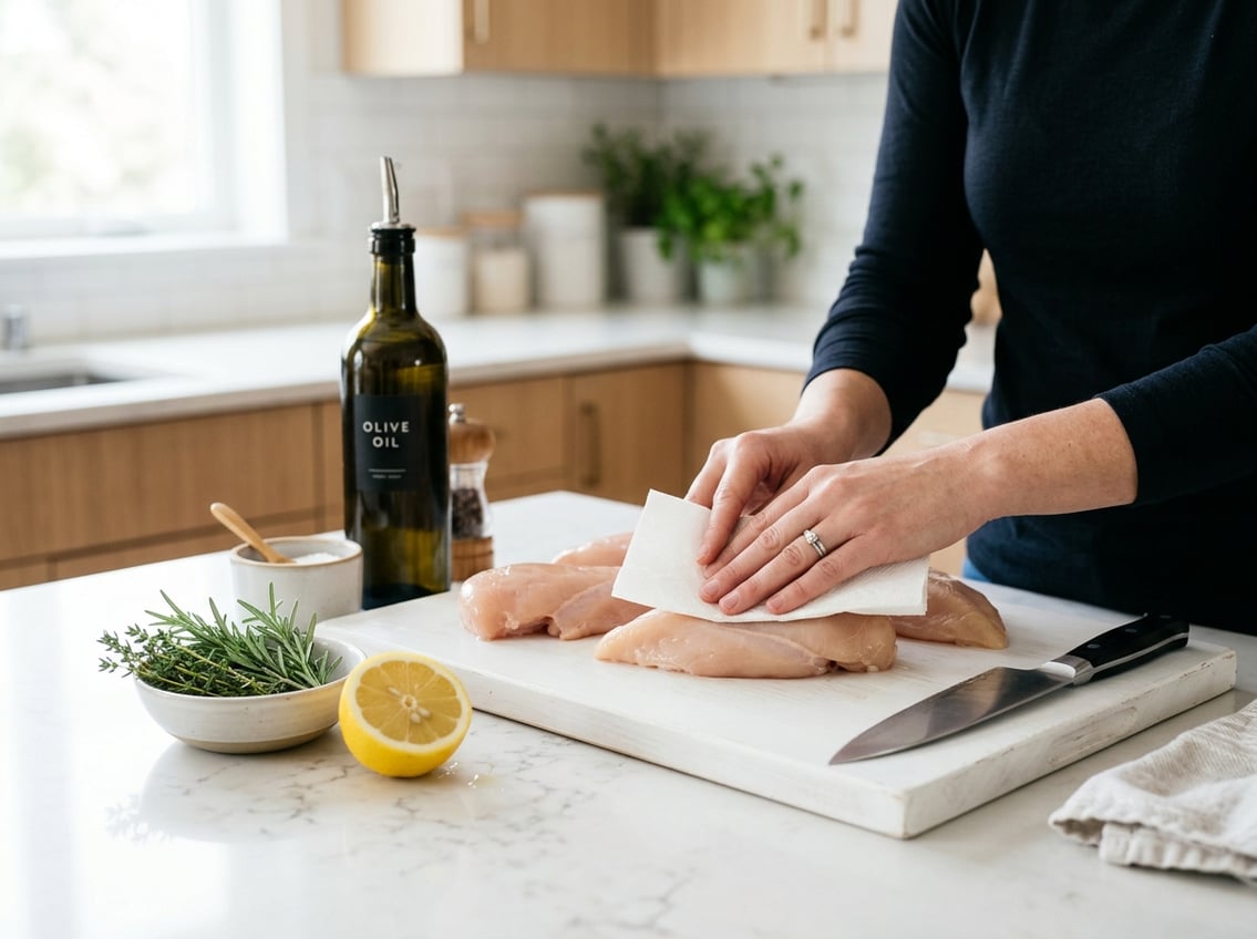 Hands patting raw chicken breasts dry on a cutting board in a clean kitchen with herbs and cooking tools nearby.