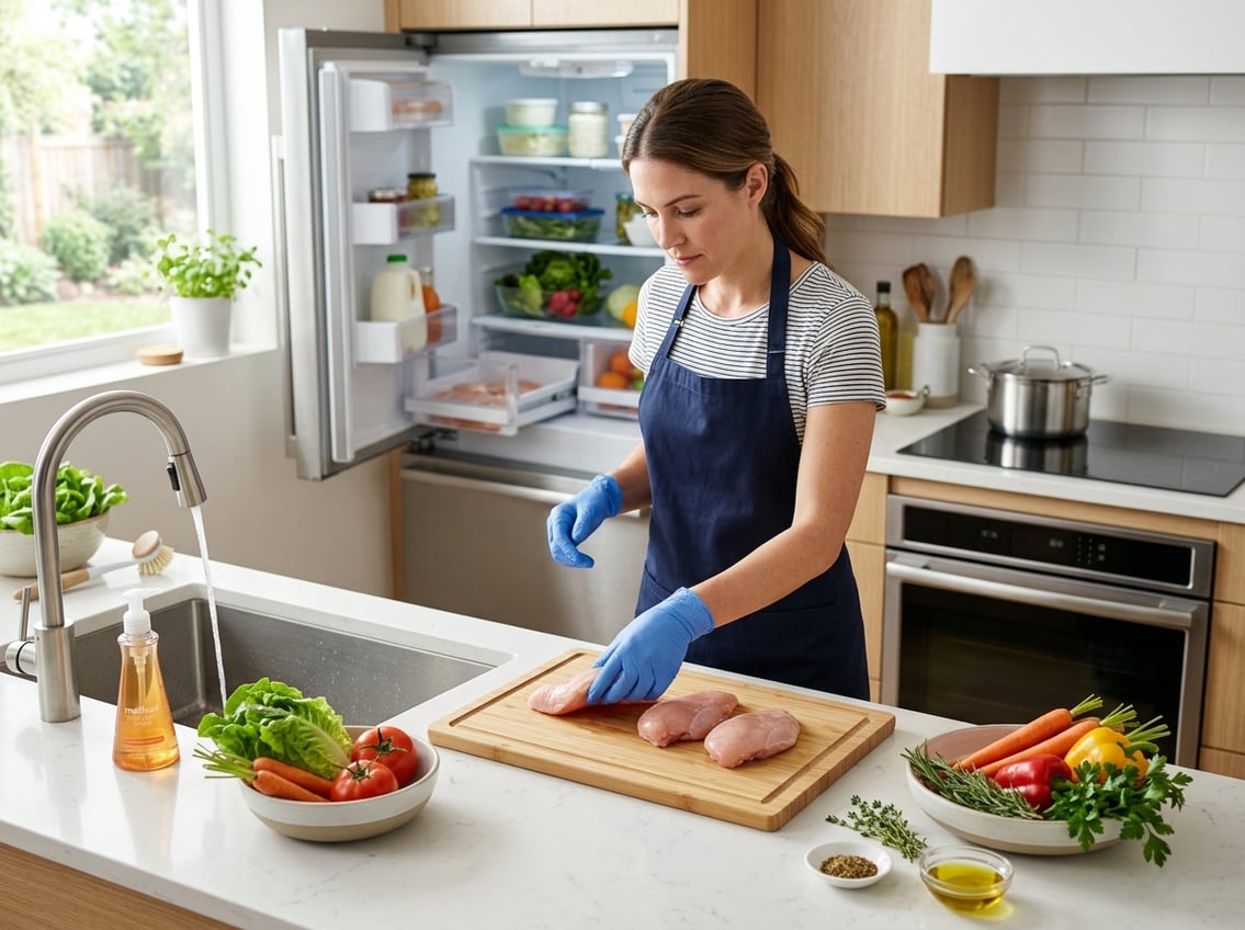 Person wearing gloves transferring raw chicken breasts from fridge to cutting board in a clean kitchen.