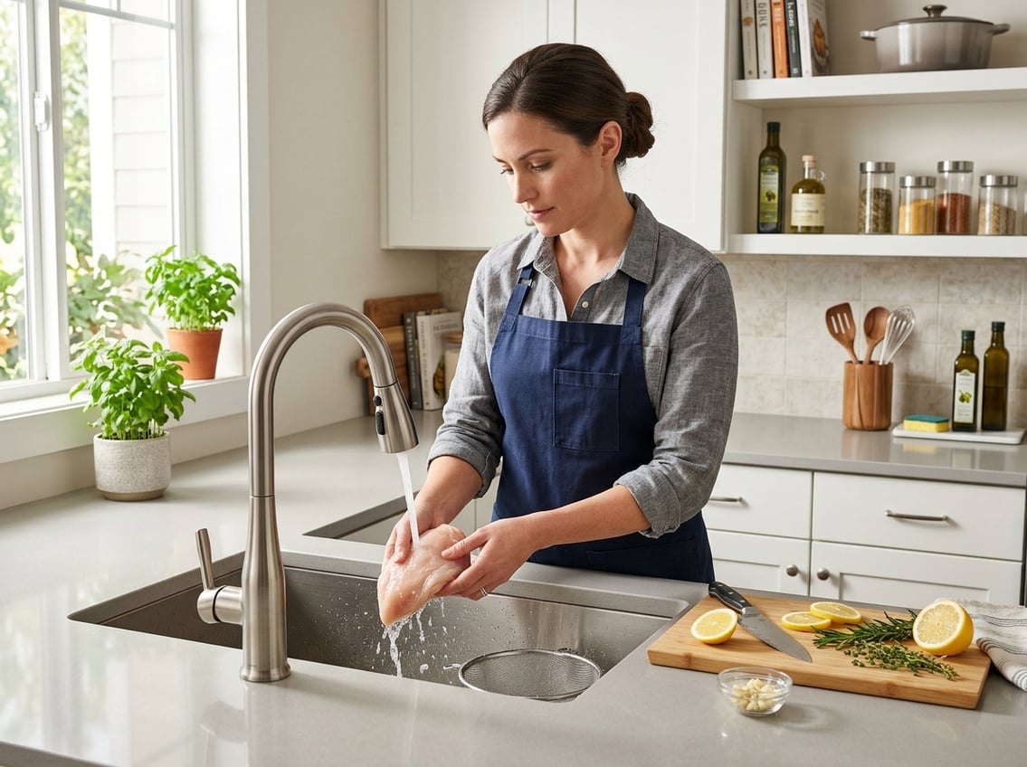 Person washing raw chicken breast under running water in a kitchen sink with fresh vegetables and kitchen utensils nearby.