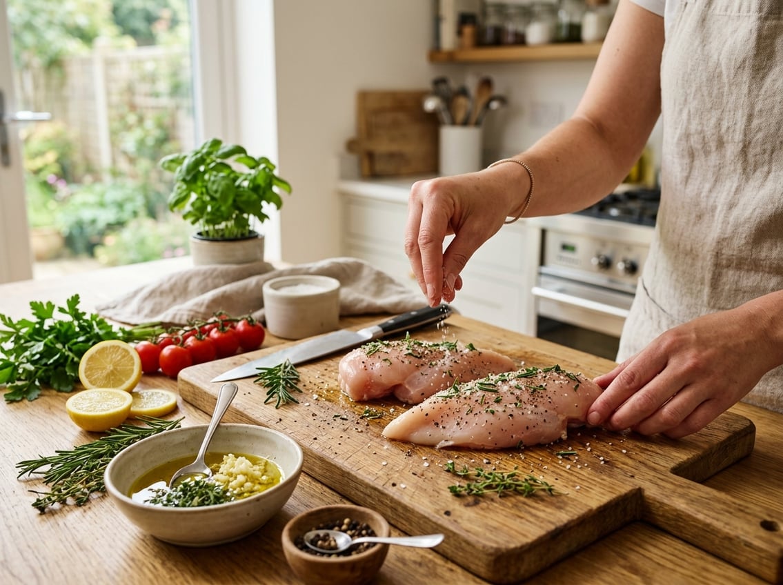 Raw chicken breasts being seasoned with herbs and spices on a cutting board in a bright kitchen.