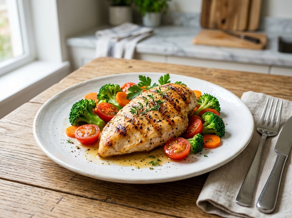 A cooked chicken breast served on a plate with fresh vegetables in a kitchen setting.