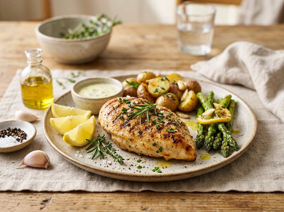 A plated cooked chicken breast garnished with fresh herbs, lemon wedges, and small bowls of spices and sauces on a bright kitchen table.