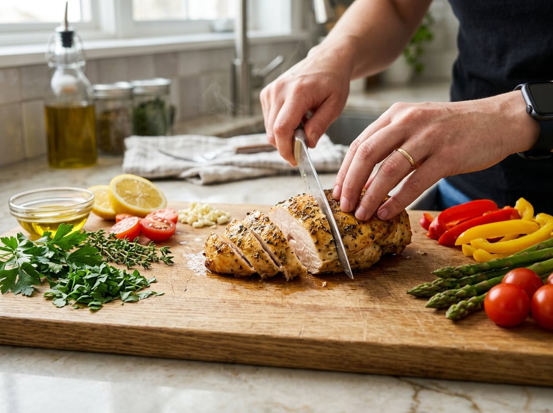 Hands slicing cooked chicken breast on a cutting board surrounded by fresh vegetables and herbs in a kitchen.