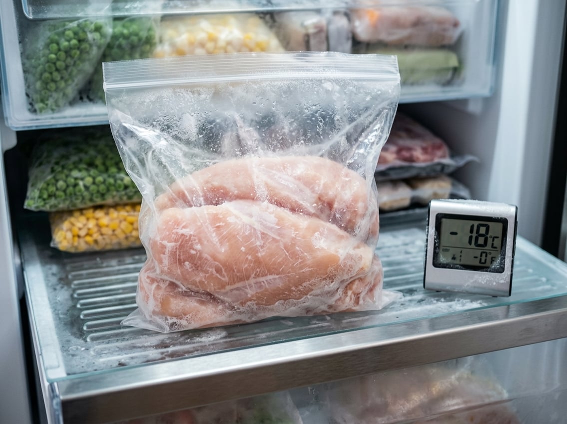 Close-up of raw chicken breasts in a plastic bag inside a clean freezer with a digital thermometer nearby.