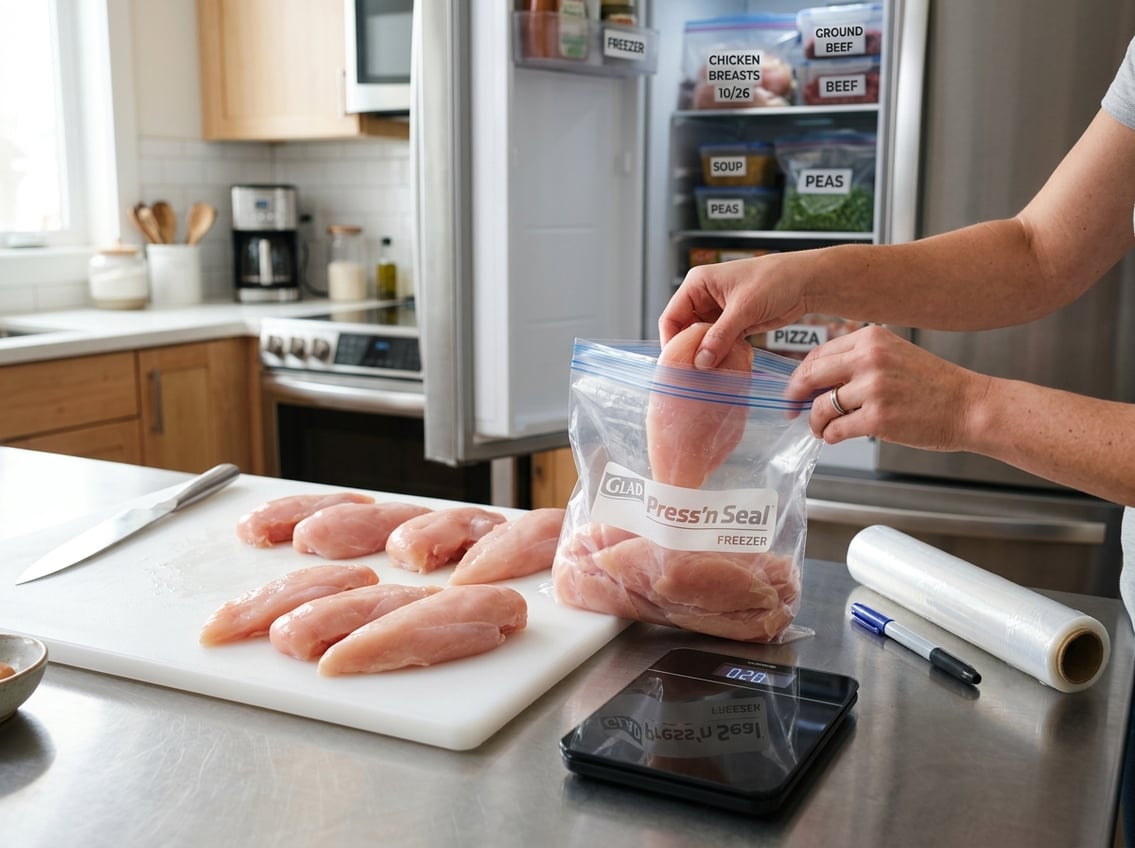 Hands wrapping raw chicken breasts on a cutting board next to an open freezer with organized frozen food inside.
