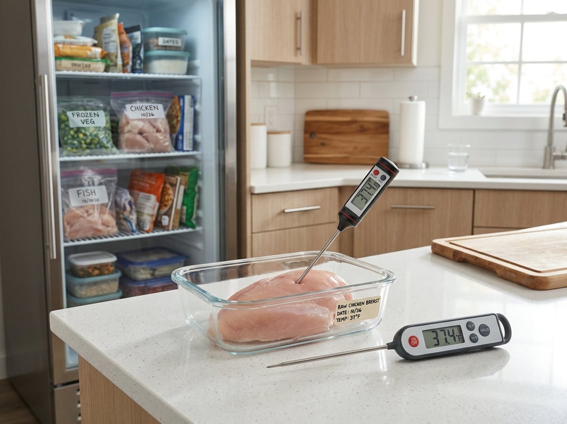A raw chicken breast in a clear container with a digital thermometer inserted, placed on a kitchen countertop near a freezer.
