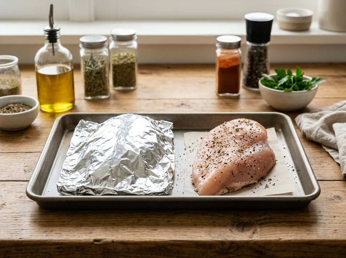 A kitchen scene with a baking tray holding two raw chicken breasts, one covered with foil and one uncovered, surrounded by herbs and spices on a wooden countertop.