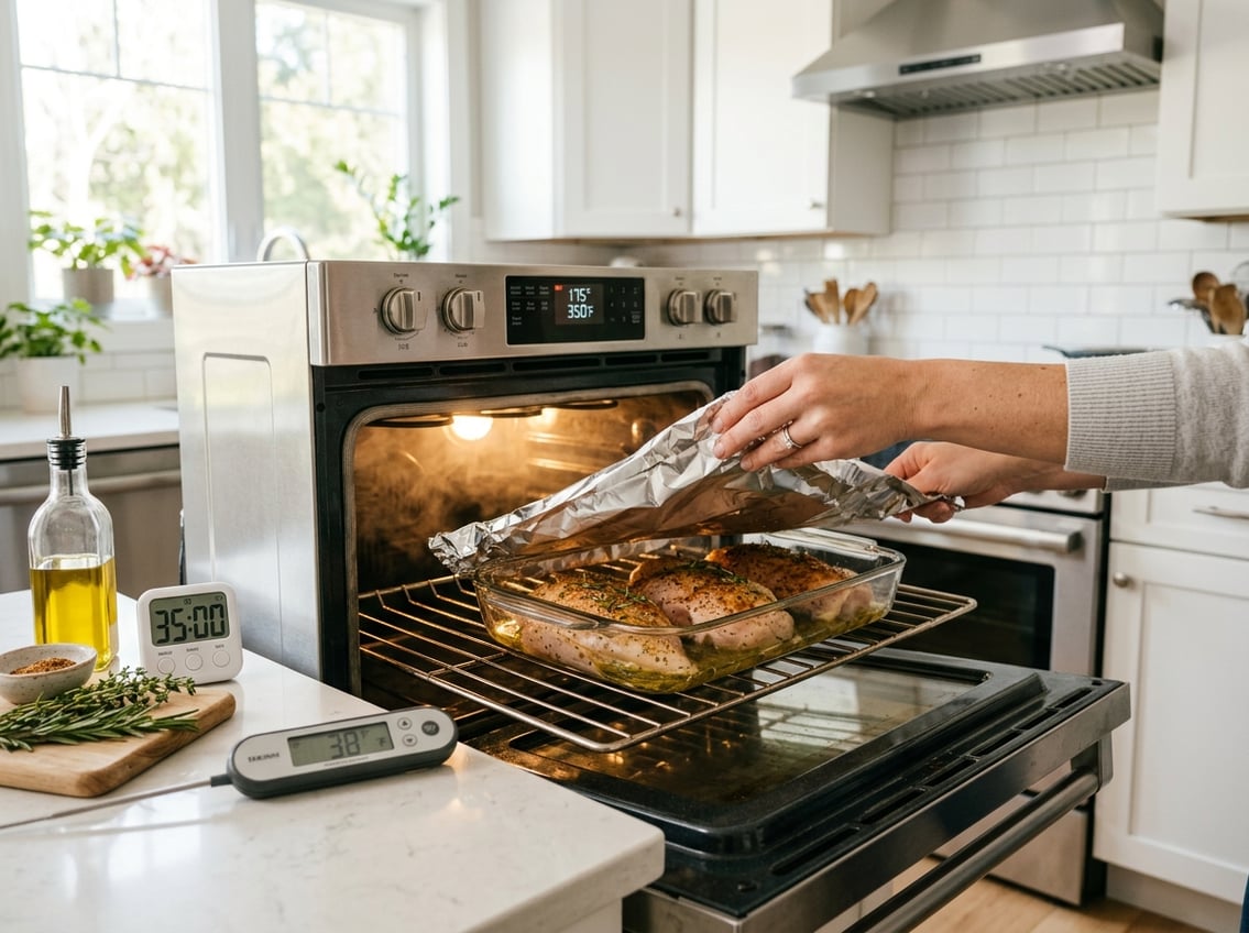 A close-up of a hand covering chicken breasts with foil in a glass baking dish inside an oven, with kitchen tools and fresh herbs on the countertop.