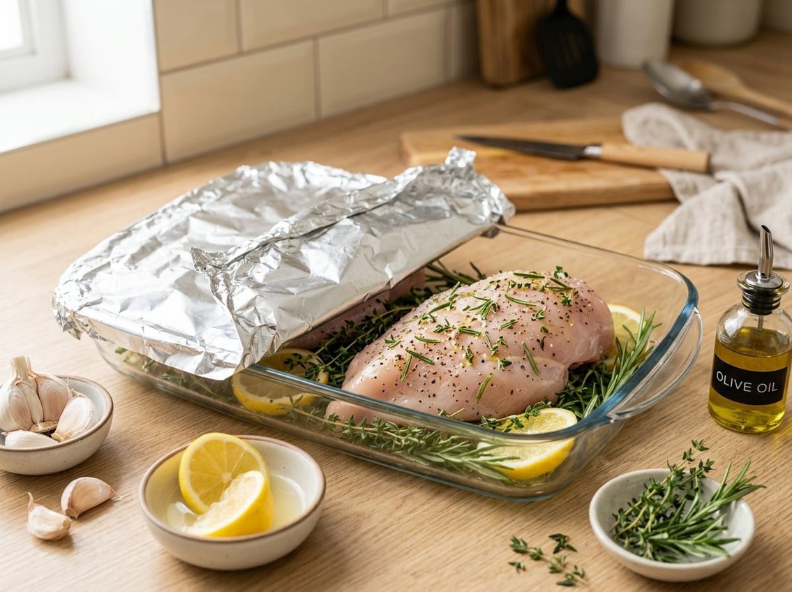 Raw chicken breast in a glass baking dish partially covered with aluminum foil, surrounded by fresh herbs, lemon slices, and garlic on a kitchen countertop.
