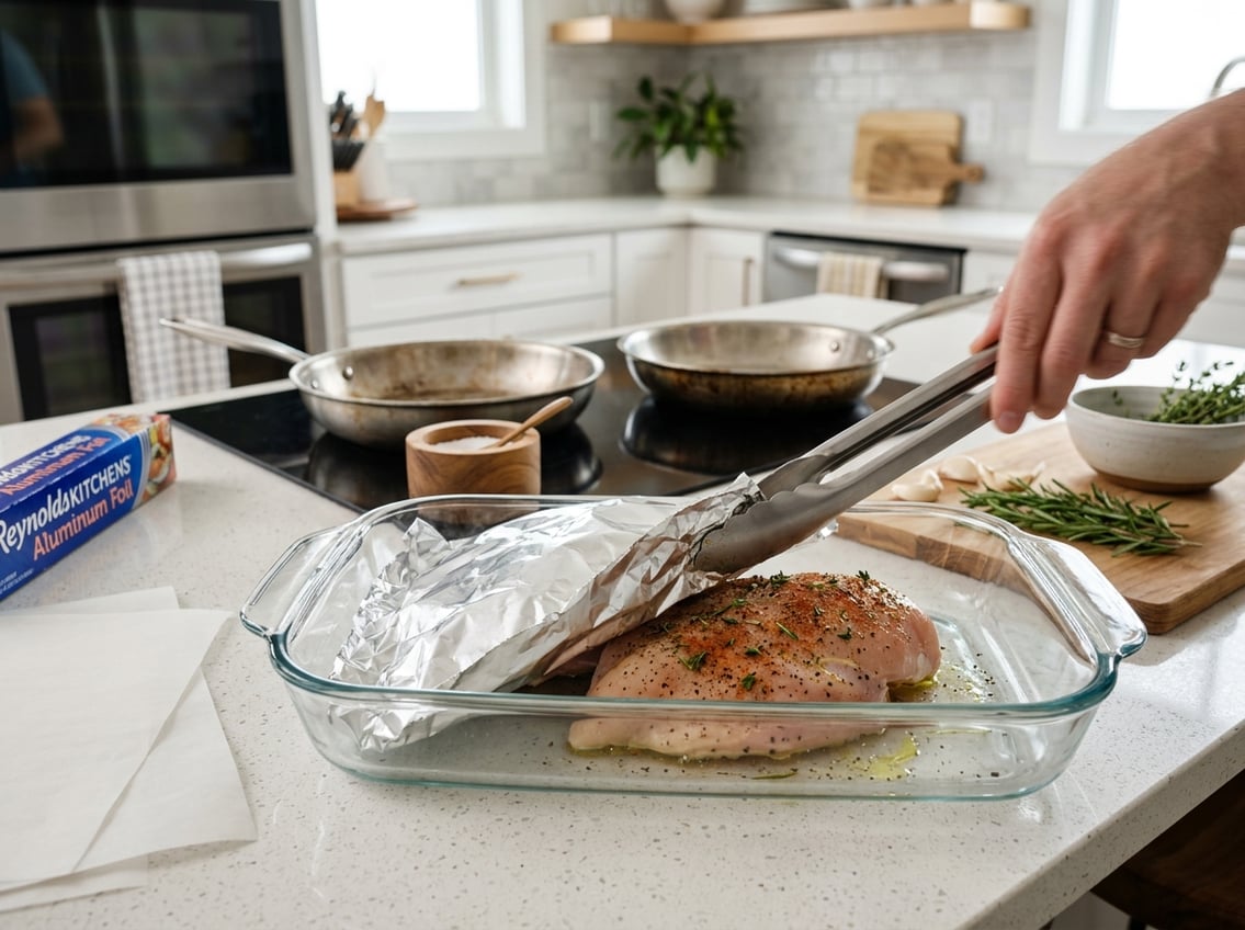 A raw chicken breast in a glass baking dish partially covered with aluminum foil on a kitchen countertop surrounded by pans, foil, parchment paper, and kitchen tools.