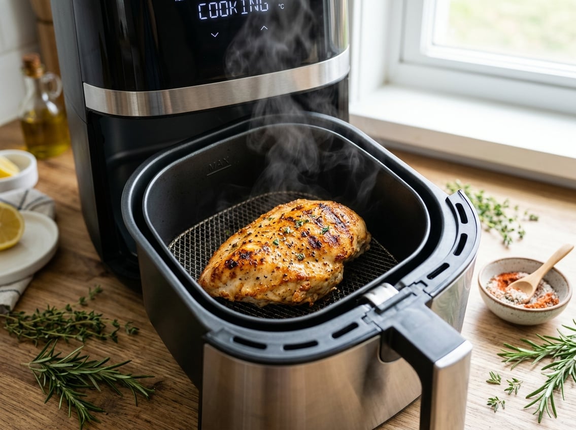 A cooked chicken breast inside an open air fryer basket on a kitchen countertop with fresh herbs nearby.