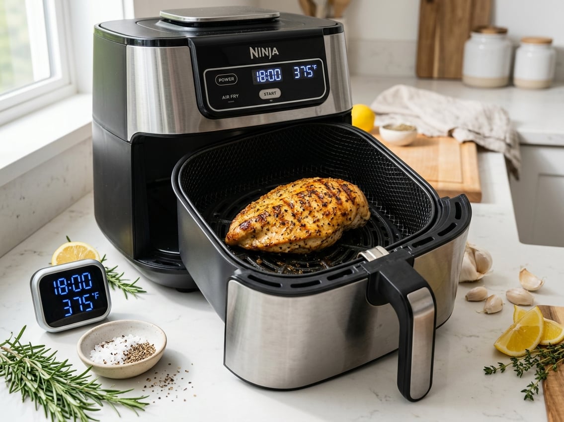 A cooked chicken breast inside an air fryer basket with fresh herbs and lemon wedges on a kitchen countertop.