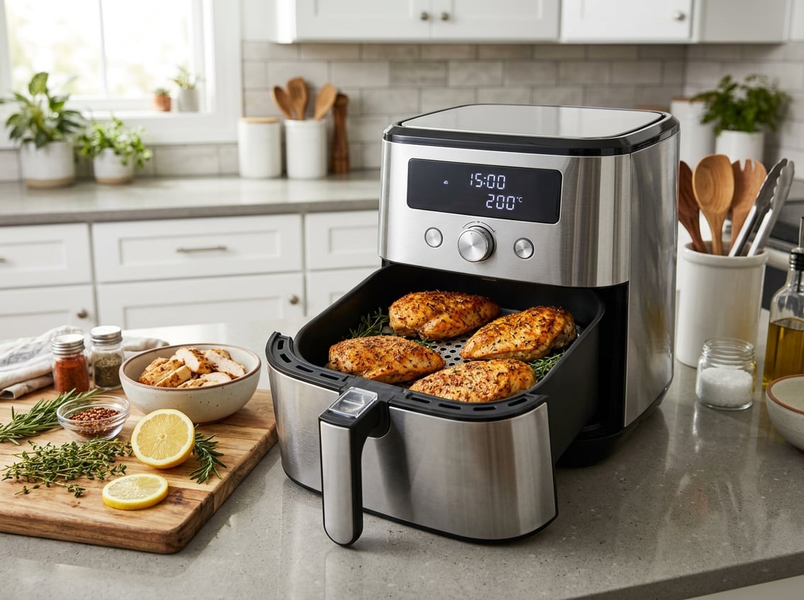 A modern kitchen countertop with an open air fryer containing cooked chicken breasts and fresh ingredients nearby.