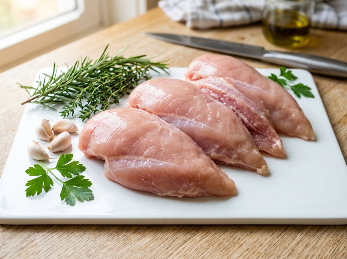 Close-up of raw chicken breasts with rib meat on a white cutting board, surrounded by fresh herbs and garlic.