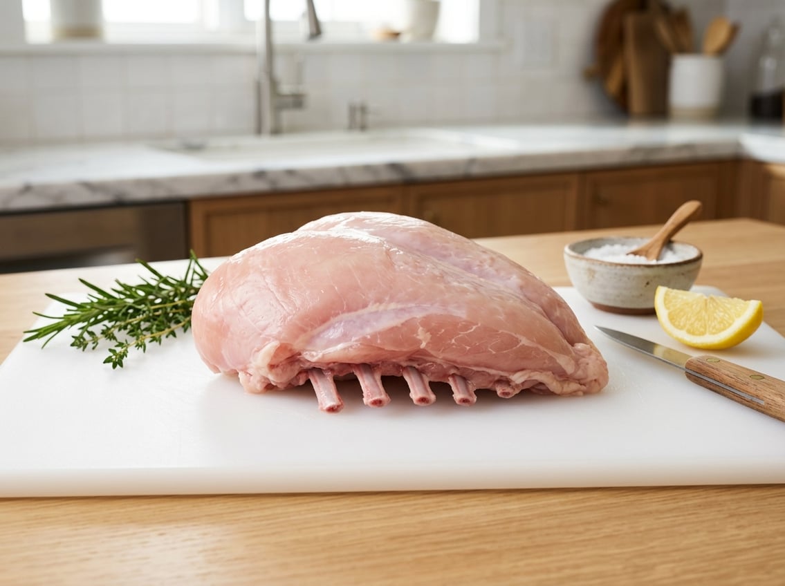 Fresh raw chicken breast with rib meat on a white cutting board surrounded by herbs and lemon in a bright kitchen.