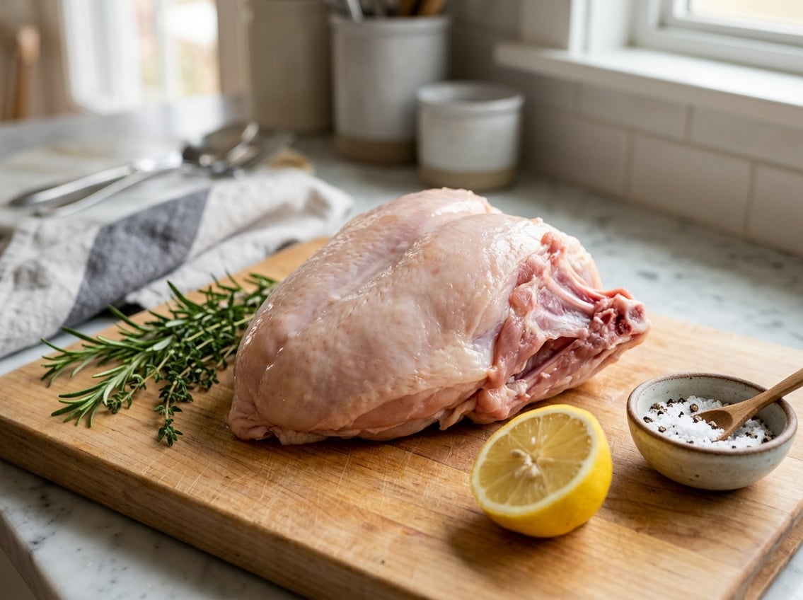 Raw chicken breast with rib meat on a wooden cutting board surrounded by herbs and lemon in a kitchen setting.