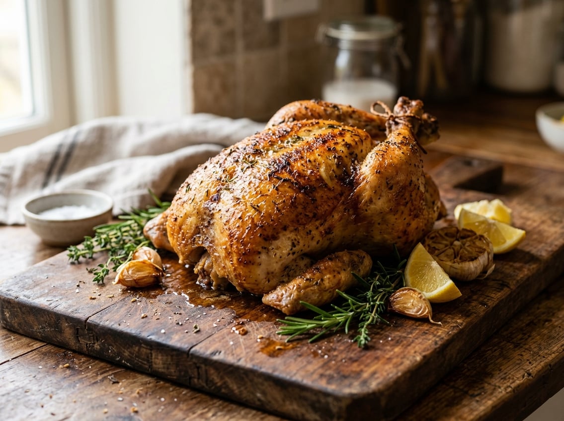 A whole roasted chicken with golden crispy skin resting breast side up on a wooden cutting board, garnished with herbs and lemon wedges.