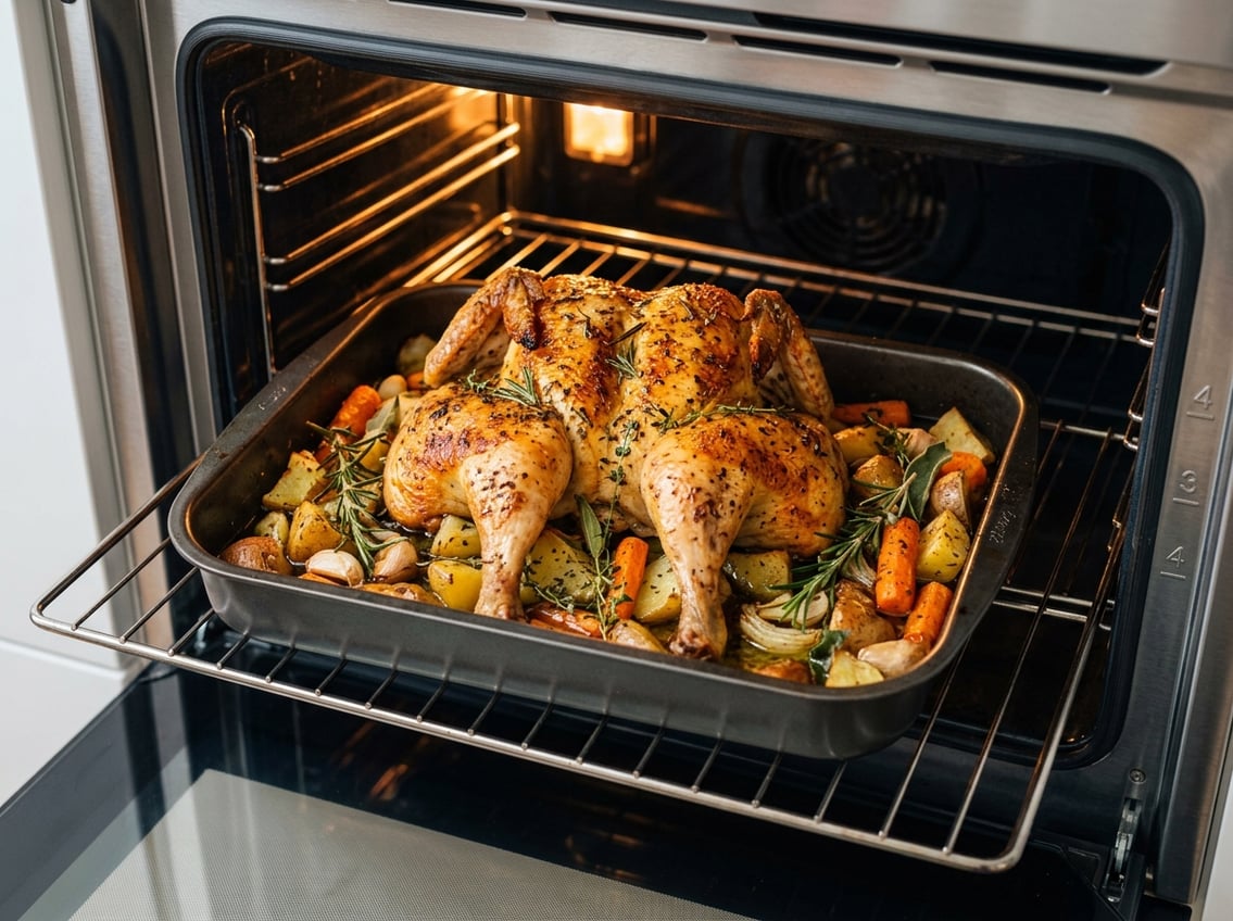 A whole roasted chicken breast side up in an oven with herbs and vegetables around it.