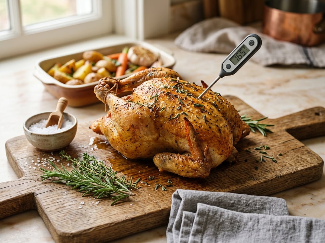 A whole roasted chicken breast side up on a wooden cutting board with herbs and a meat thermometer inserted in the breast.