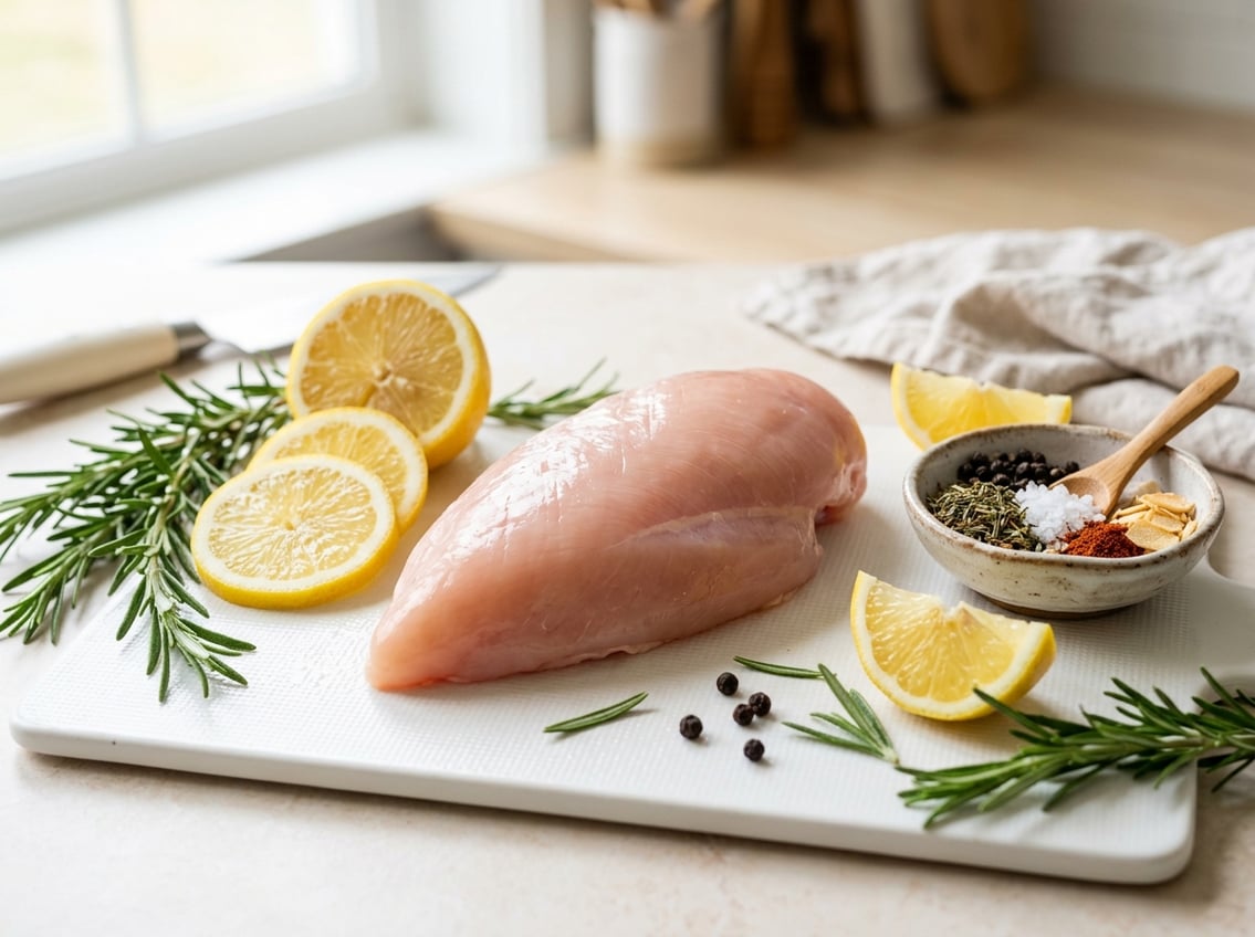 A fresh raw chicken breast on a white cutting board surrounded by rosemary, lemon slices, and spices.