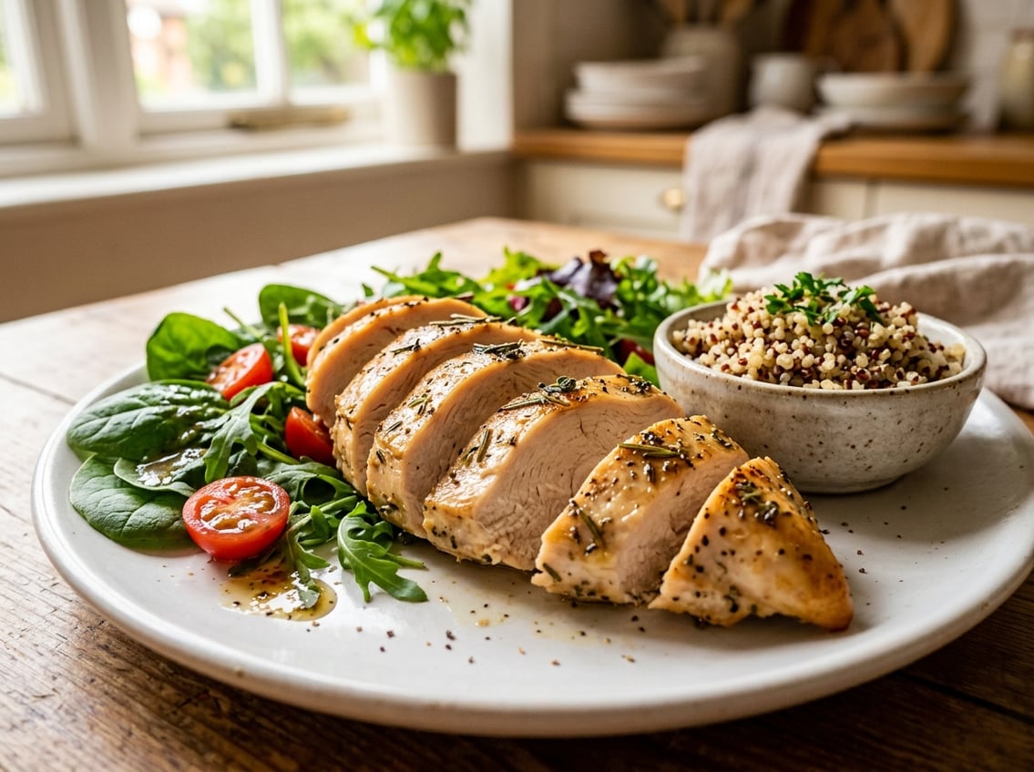 Close-up of sliced cooked chicken breast on a white plate with fresh vegetables and grains in a softly lit kitchen.