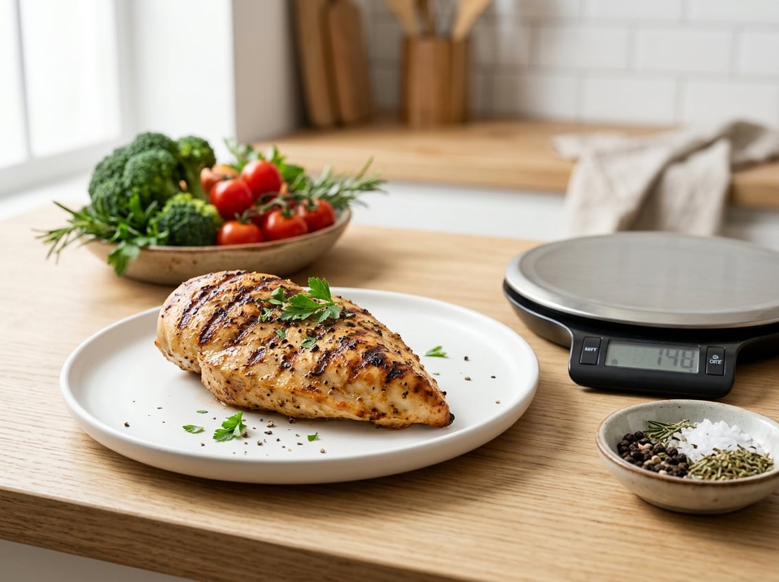 A cooked chicken breast on a white plate with a measuring scale and fresh vegetables in the background on a kitchen countertop.