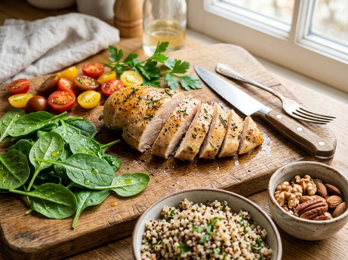 Sliced cooked chicken breast on a wooden cutting board with fresh spinach, cherry tomatoes, quinoa, and nuts.