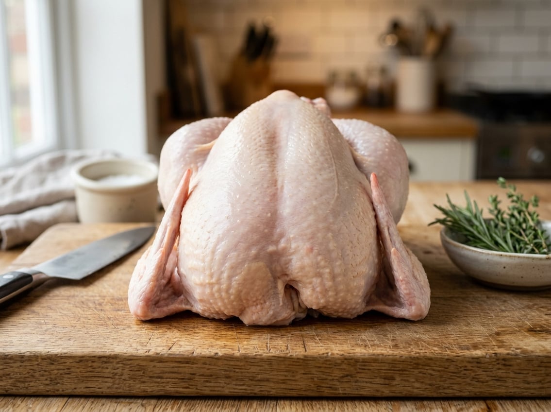 A whole raw chicken on a wooden cutting board showing the breast area clearly.