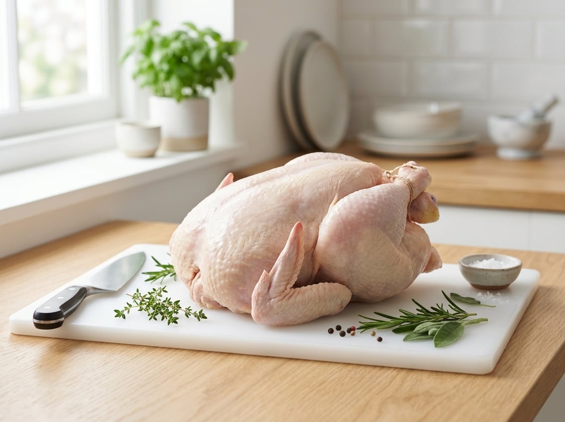 A whole raw chicken on a white cutting board with the breast area clearly visible, surrounded by a knife and fresh herbs on a kitchen counter.
