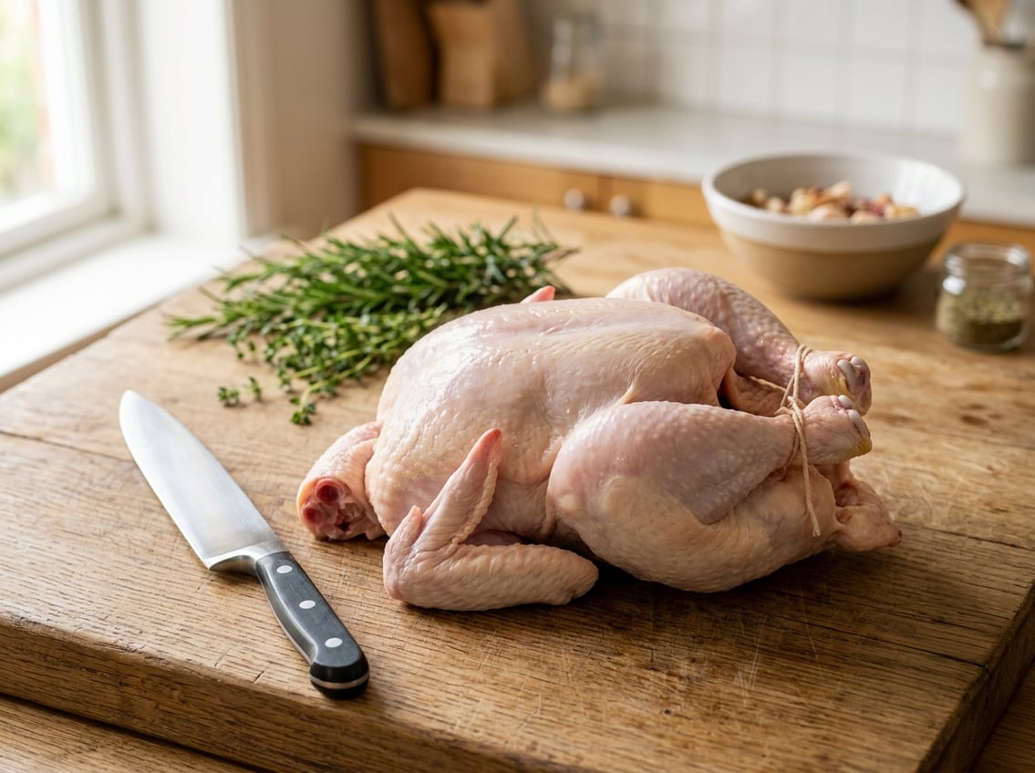 A whole raw chicken on a wooden cutting board with the breast area clearly visible, surrounded by kitchen tools and herbs.
