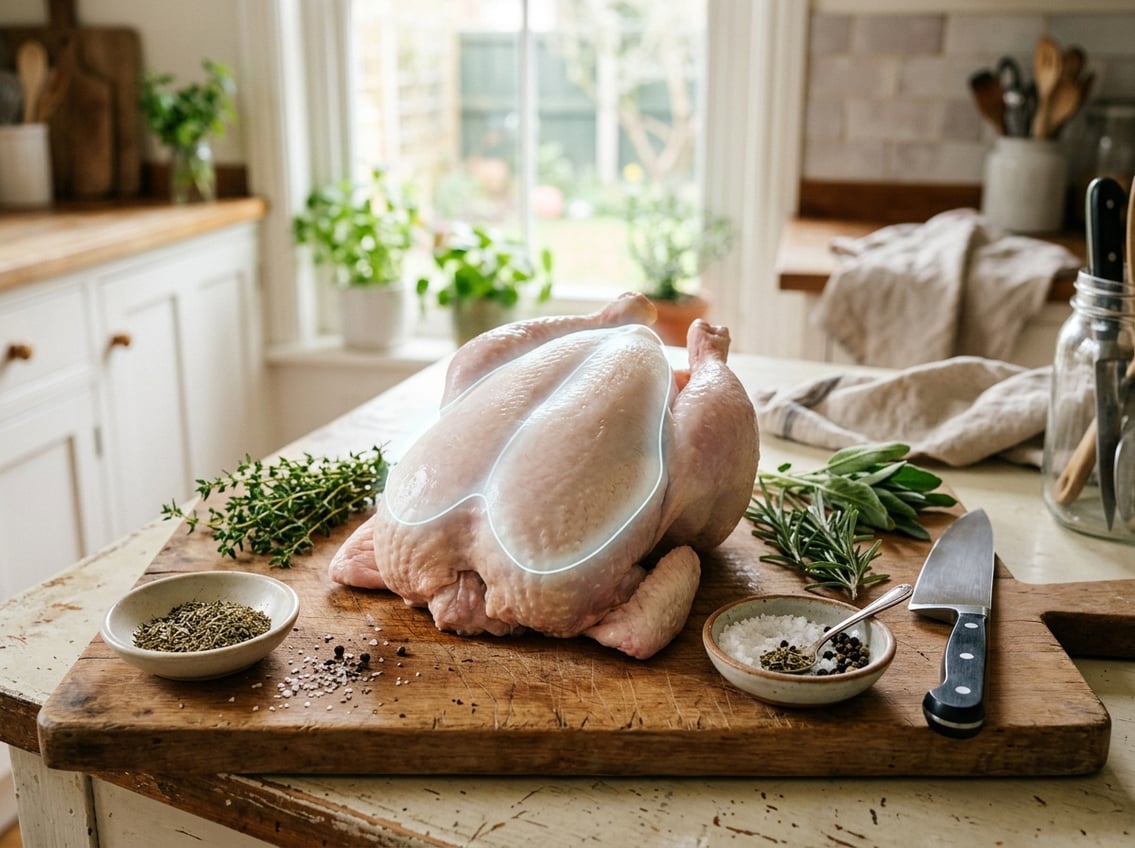 A whole raw chicken on a wooden cutting board in a kitchen, with the breast area clearly highlighted and surrounded by fresh herbs and cooking utensils.