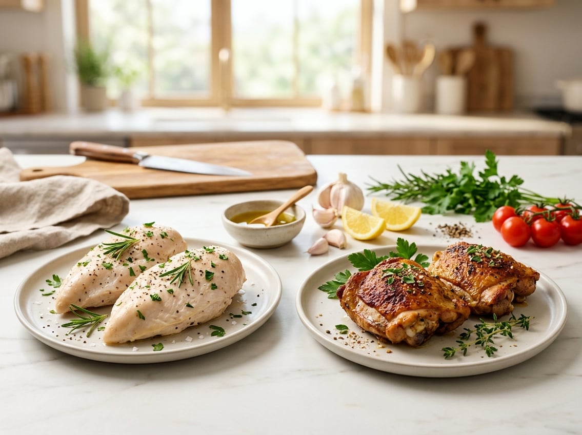 Two plates on a kitchen countertop, one with cooked chicken breasts and the other with cooked chicken thighs, surrounded by fresh ingredients.