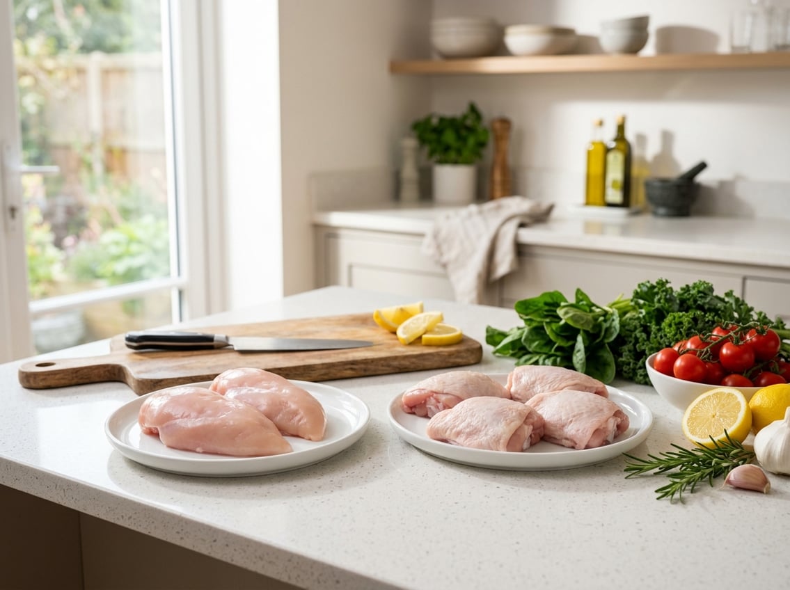 Raw chicken breasts and chicken thighs on separate plates on a kitchen countertop with fresh vegetables around them.