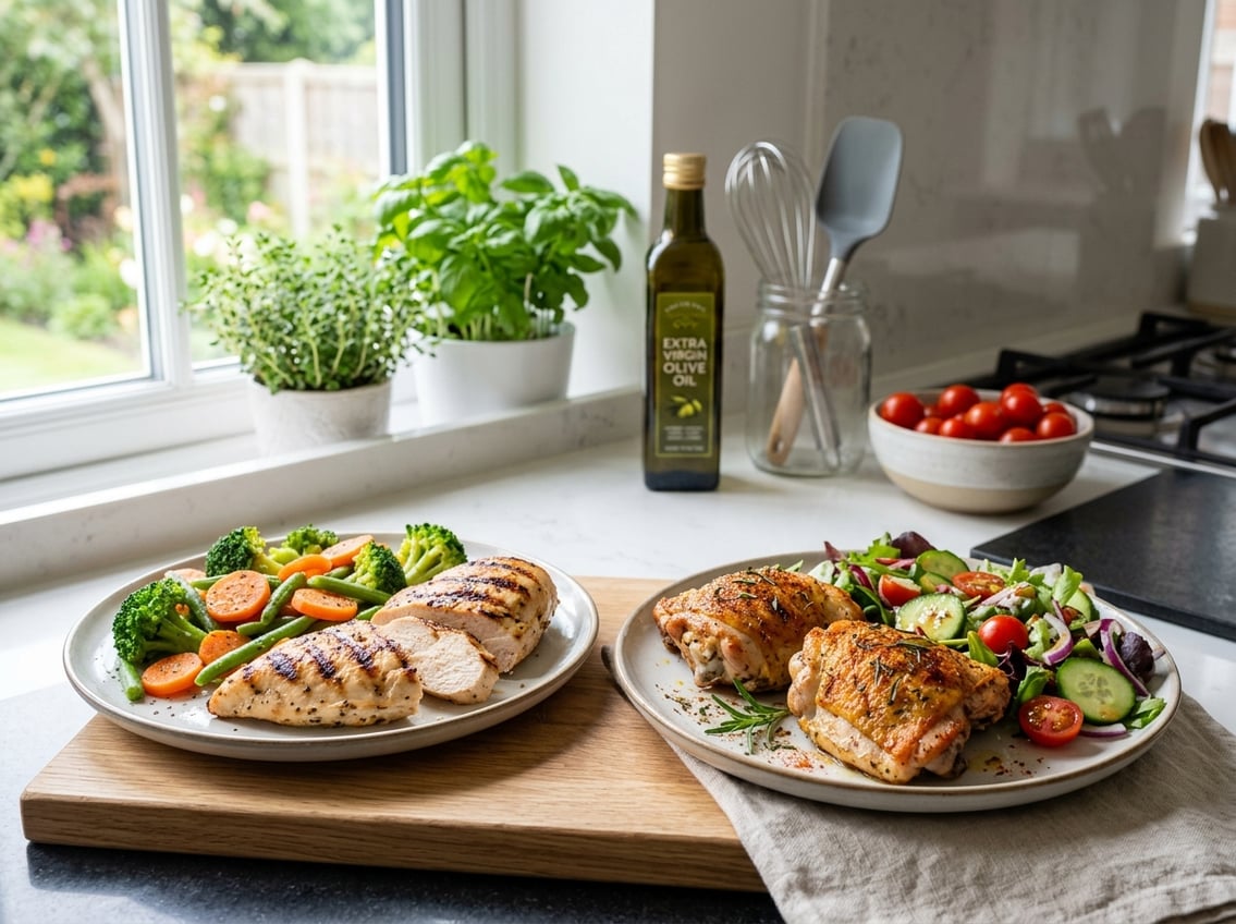 Two plates on a kitchen counter showing grilled chicken breasts with steamed vegetables and roasted chicken thighs with a side salad.