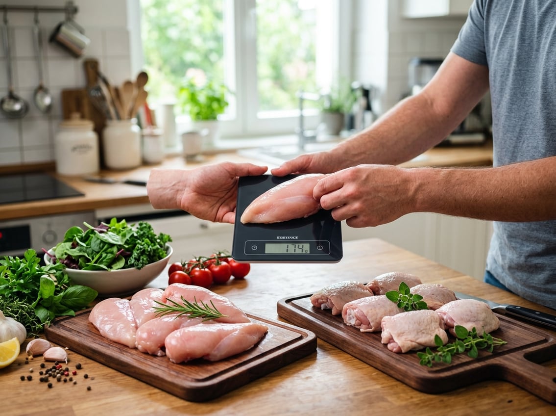 Hands weighing chicken breasts and thighs on cutting boards surrounded by fresh vegetables in a bright kitchen.